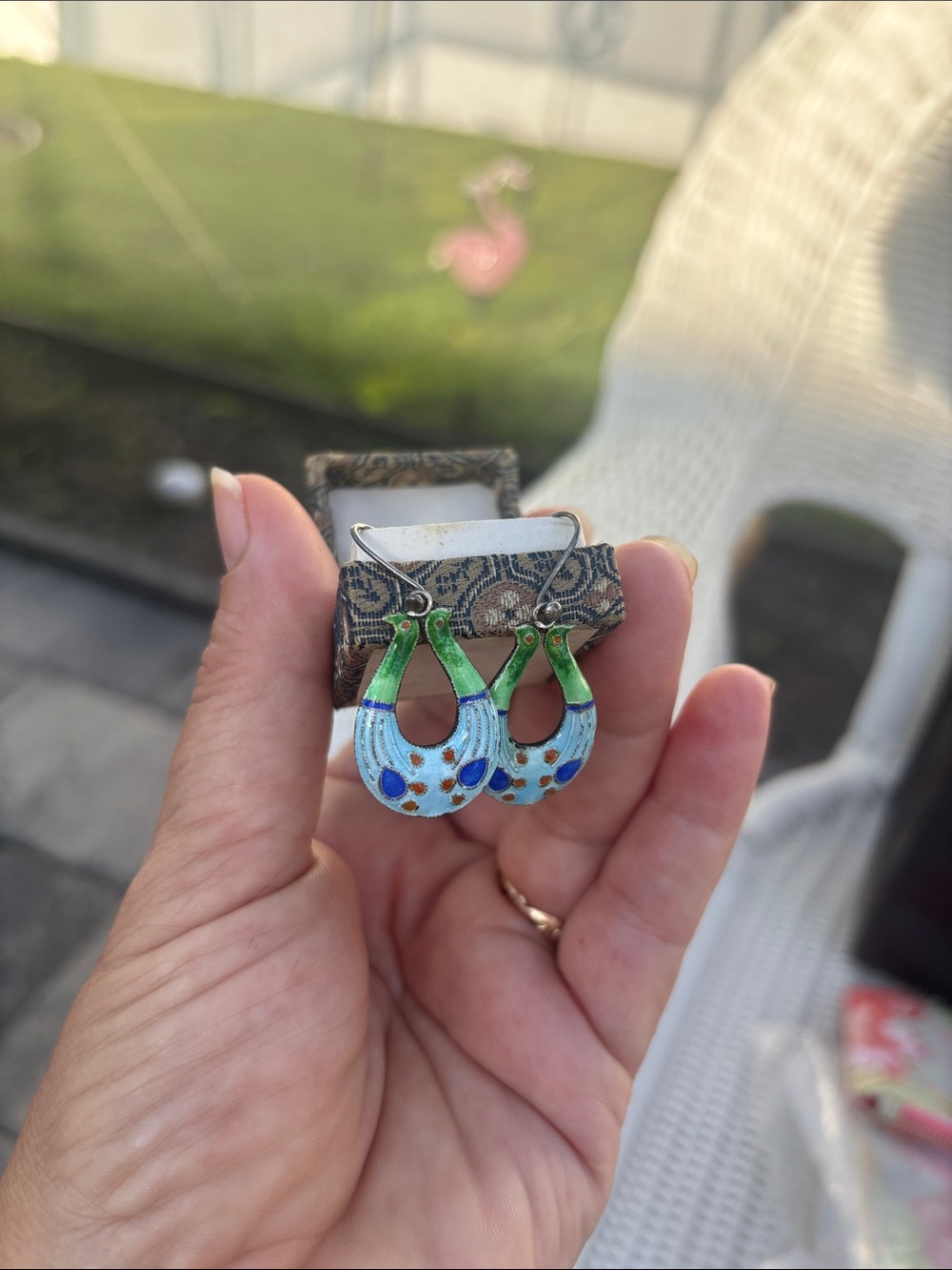 MEXICANA Green and Light Blue Enamel Hoop Earrings with Orange Dots